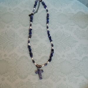 Blue Beaded Cross Necklace